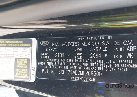 2021 Kia Forte Lxs z USA, uszkodzony, nr VIN 3KPF24AD7ME266500